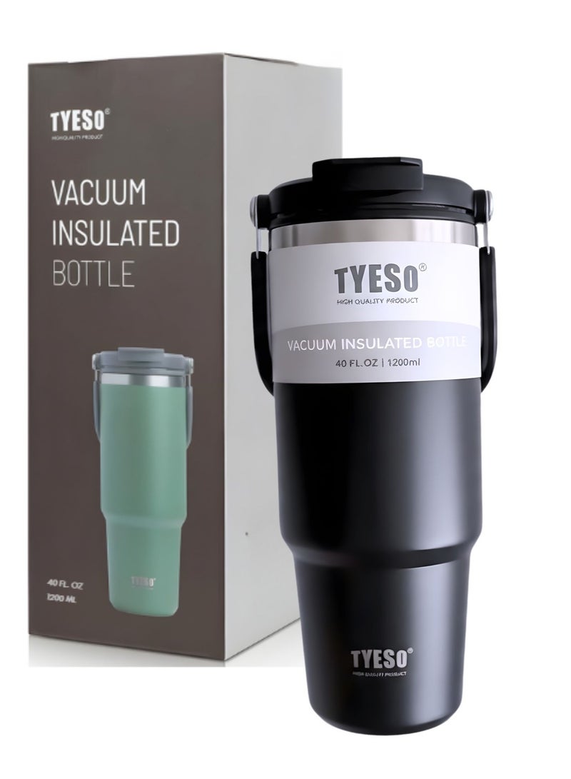 TYESO 1200ml Vacuum Insulated Tumbler 40oz Stainless Steel Travel Mug with Handle & Lid – Double Wall Thermal Water Bottle for Hot & Cold Drinks, Leakproof Large Capacity Cup – Black - Image 1